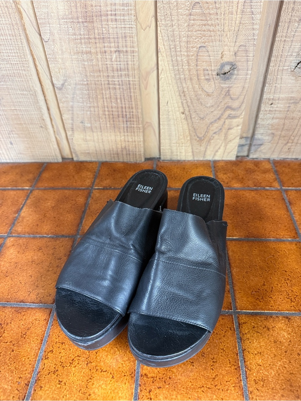 Eileen Fisher Black Leather Slip-On Mules